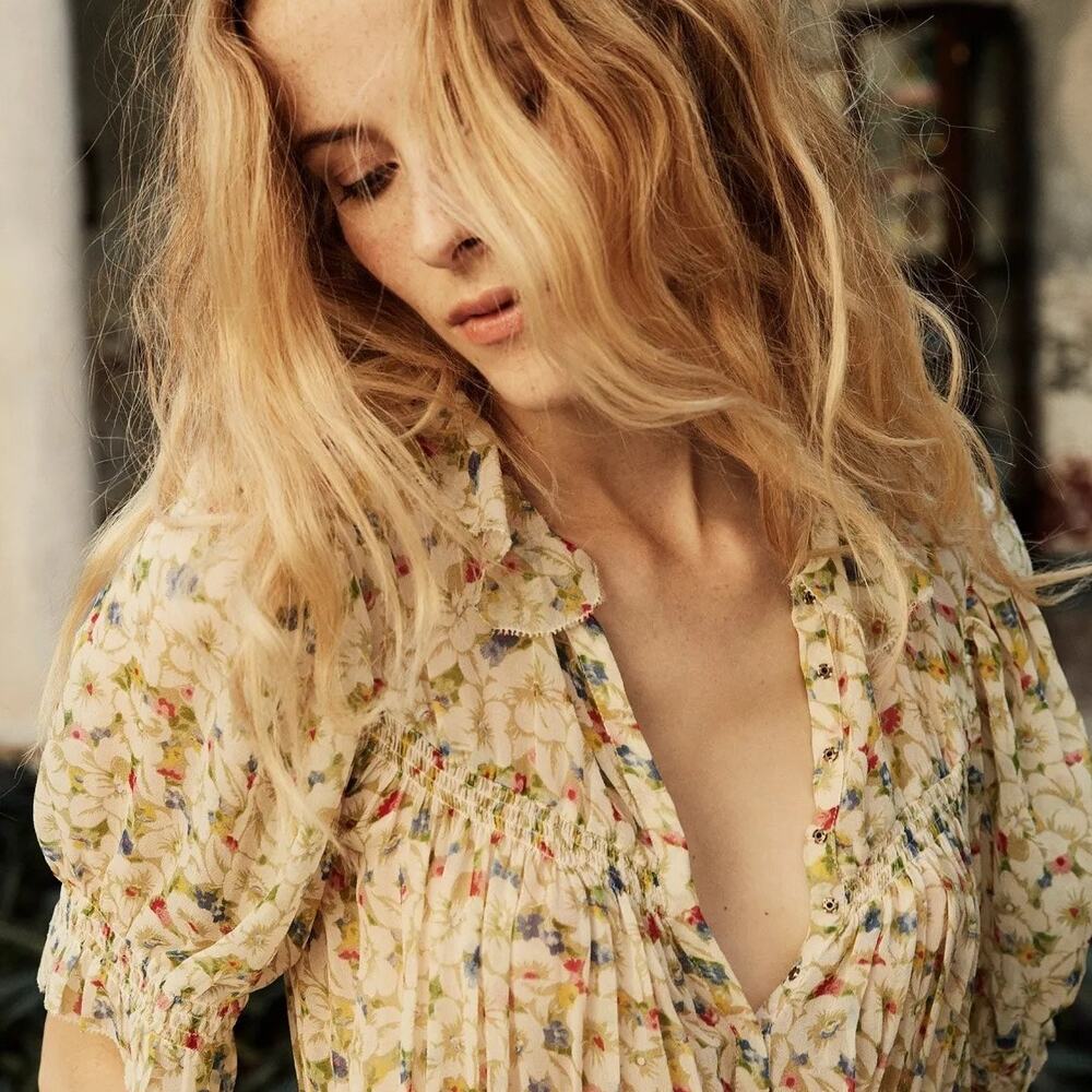 DOEN Mira Victoria Floral Silk Mini Peter Pan Collar V neck Dress Yellow Size S